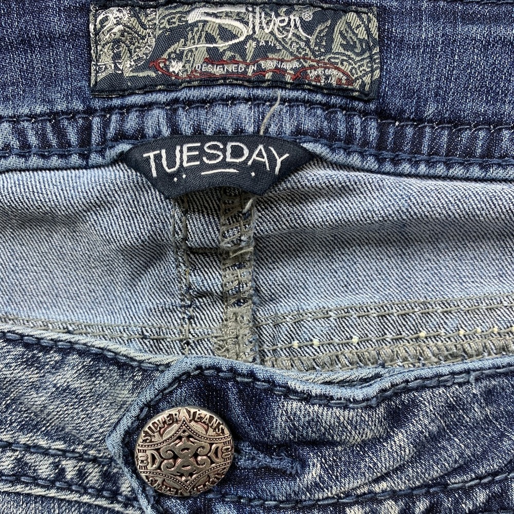 Silver Jeans Tuesday Bootcut Jeans Womens 40x31 Blue Embroidered Whiskered - Picture 4 of 11